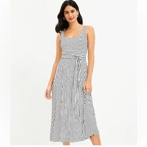 Loft Navy White Sleeveless Tie Waist Midi Dress
